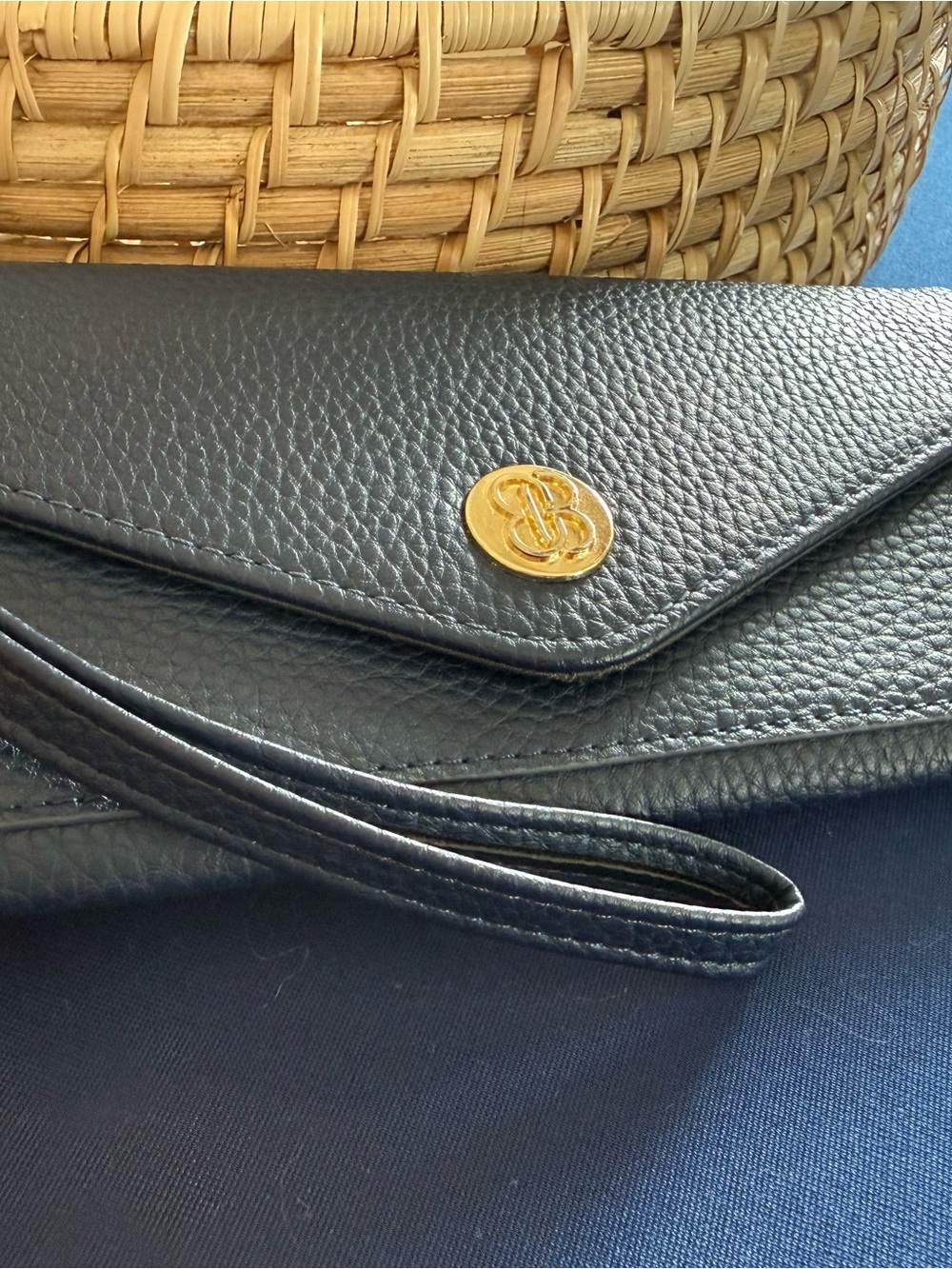 Bandolino Navy Blue Faux Leather Wristlet Clutch Wallet with Gold Logo